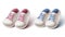 Realistic collection of baby girl and boy pram shoes. Design element for baby shower invitations, birthday card or baptism