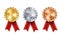 Realistic Collection of gold, silver, and bronze award medals with red ribbon rosettes and engraved numbers. Vector set. Premium