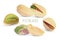 Realistic collection of pistachios. Green nuts background with dry shell.