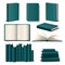 Realistic color books mockup. 3d empty elegant design book template, dark green hardcover and ivory color pages, volumes