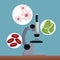 Realistic color poster microscope with icons of globules and cells