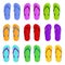 Realistic color slippers. Isolated 3d bright rubber sandals, summer swimming pool flip flop, beach and bathroom open