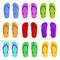 Realistic color slippers. Isolated 3d bright rubber sandals, summer swimming pool flip flop, beach and bathroom open shoes pairs.