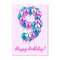 Realistic colored balloons on the ninth birthday. pink, silver, blue. Pink stripe greeting card with white stars.