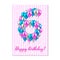 Realistic colored balloons on the sixth birthday. pink, silver, blue. Pink stripe greeting card with white stars.