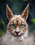 Realistic, colored portrait of a lynx head on a forest background