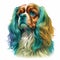 Realistic Colorful Cavalier Spaniel Dog Portrait: Vibrant Green, Yellow, White Fur - Canine Artistry.