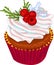 Realistic colorful cupcake with pastel cream, berries, snowflake and pine branch template