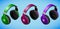 Realistic colorful headphones in isometry on blue background