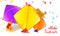 Realistic colorful kites and spool on paint spray background, po