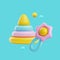 Realistic colorful pyramid and rattle baby toys 3D style