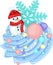Realistic colorful snowman in snow with snowflake template.