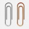 Realistic copper and steel paperclips attached to paper. Shiny metal paper clip, page holder, binder. Workplace office
