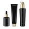 Realistic cosmetic black bottles with gold caps. Vector containers for cream and tubes for cream, lotion, gel, balsam