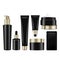 Realistic cosmetic black bottles with gold caps. Vector containers, tubes, sashet for cream, balsam, lotion, gel