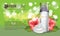 Realistic cosmetic bottle for men with transparent cap and foam mock up. Tropical flower and leaf. Illustrated vector.