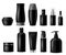 Realistic cosmetic mockups. Black cosmetics bottle, container and jar. Women beauty products. Spray, soap and cream 3d