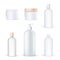 Realistic cosmetic packaging set of clean plastic bottles, blank lotion shampoo tube, care cream boxes.