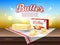 Realistic creamy butter poster. Milk product, animal fat, high calorie food, whole bar, cut curls, breakfast delicious