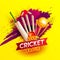 Realistic cricket elements on red brush stroke yellow background.