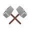 Realistic crossed metal hammers with wooden handle. Weapon of Thor icon. 3D vector illustration.
