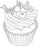 Realistic cupcake with cream, berries, snowflake and pine branch sketch template.