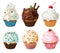 Realistic cupcakes. Sweet creamy desserts muffins with cherry and chocolate, delicious confectionery and baking