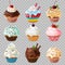 Realistic cupcakes. Sweet homemade dessert with pink and white icing in paper cups 3d object vector set