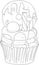 Realistic cute cupcake with cream, sprinkles and donut sketch template. Vector illustration in black and white