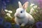 Realistic cute white bunny in the spring flowers background. Fluffy baby rabbit. Happy Easter background. Generative AI