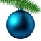 Realistic cyan matte Christmas ball or bauble with fir branch isolated on white background. Vector illustration