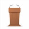 Realistic debate stage. 3D conference speech tribune, business presentation stage stand with microphones. Vector