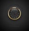 Realistic deep black round clock cut out on textured plastic dark background. Glossy golden frame ring. Gold round scale
