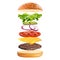 Realistic delicious 3D burger with flying ingredients isolated on white background. Fast Food Vector illustration