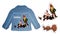 Realistic denim jacket with a sample for embroidery, decoration in cartoon style. hand-drawn characters for children`s clothing