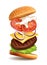 Realistic Detailed 3d Flying Tasty Burger. Vector