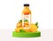 Realistic Detailed 3d Orange Juice Plastic Bottle on a Green Pedestal Podium. Vector