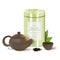 Realistic Detailed 3d Organic Green Tea Metal Tin, Teapot and Cup Set. Vector