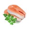 Realistic Detailed 3d Steak of Red Fish and Raw Parsley. Vector