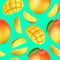 Realistic Detailed 3d Whole Mango and Sliced Seamless Pattern Background. Vector