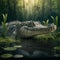 Realistic detailed crocodile in swamp (generative AI)