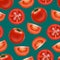 Realistic Detailed Red Tomato and Segment Parts Seamless Pattern Background. Vector