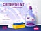 Realistic detergent poster. Bottle with domestic cleaning product for washing ceramic tiles, soap bubbles and foam