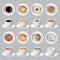 Realistic different sorts of coffee in white cups view from the top and side