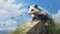 Realistic Digital Painting Of Opossum Resting On Rock With Blue Sky