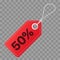 Realistic discount red tag on checkered background. Big sale, 50 percent off. Vector vintage label.