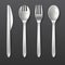 Realistic disposable white plastic spoon, fork and knife vector isolated cutlery