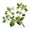 Realistic Dogwood Flower Illustration With Green Leaves On White Background