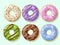 Realistic donuts. Sweet pastries with different types glazes and sprinkles, top view, 3d bakery product, round dessert