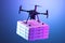 Realistic Drone Quadcopter With Batch of Pizza Boxes On Bright Violet Background. Contactless Delivery. 3d rendering